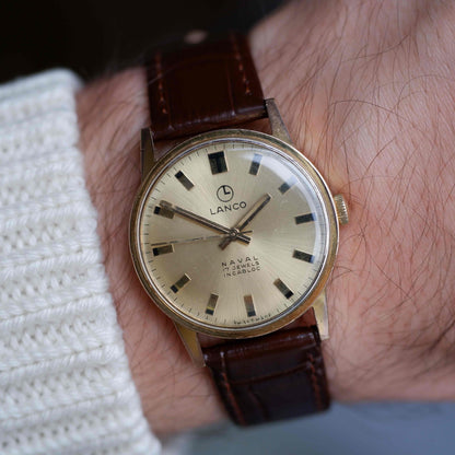 Vintage Lanco Naval Watch 70s Mechanical Golden Sunburst Dial