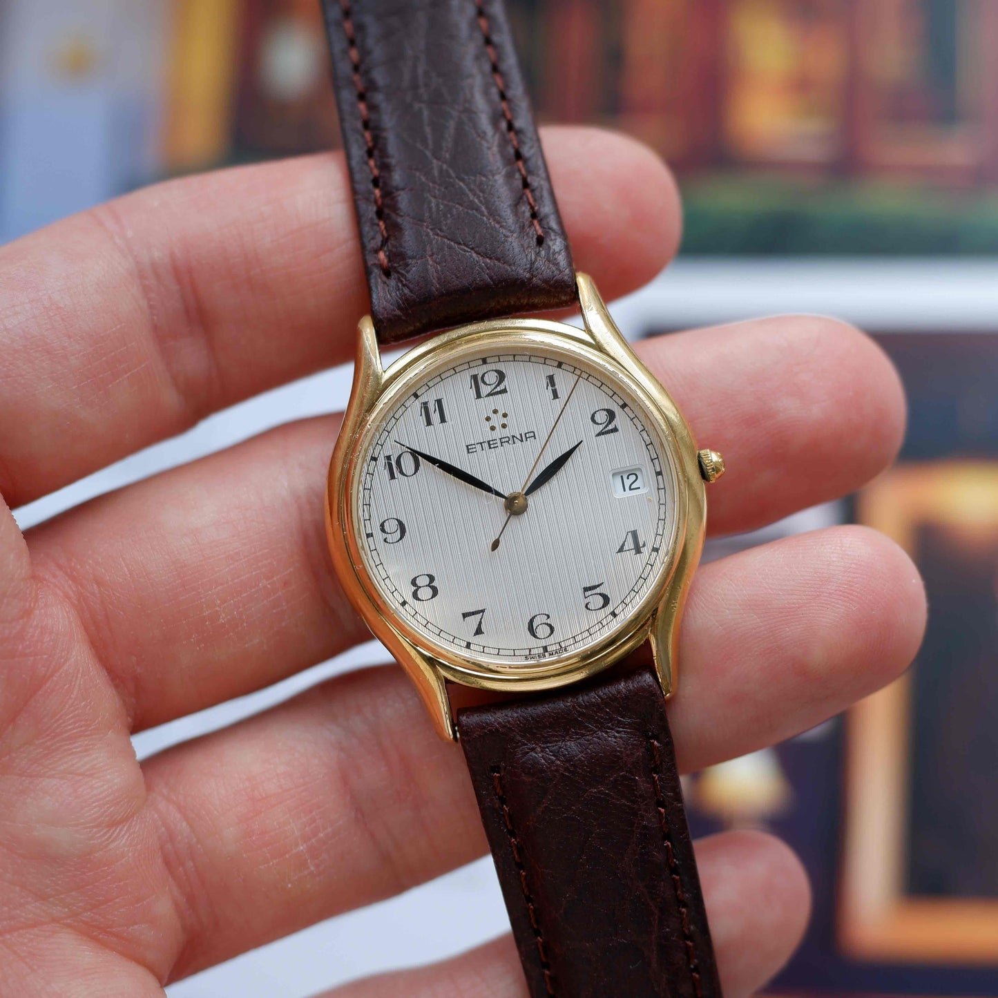 Vintage Eterna Dress Watch 90s Gold Ivory Structured Dial Date