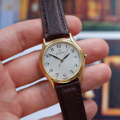 Vintage Eterna Dress Watch 90s Gold Ivory Structured Dial Date