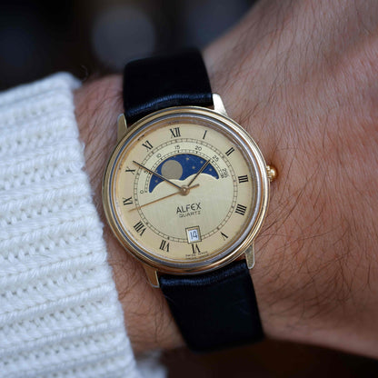 Vintage Alfex Moon Phase Dress Watch 90s Gold Quartz