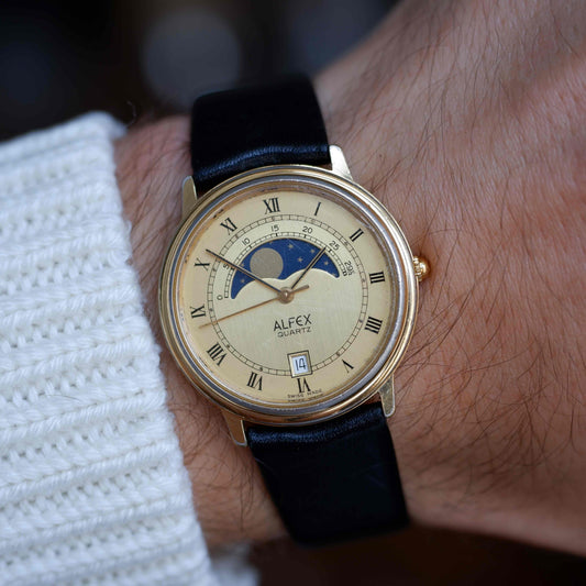 Vintage Alfex Moon Phase Dress Watch 90s Gold Quartz
