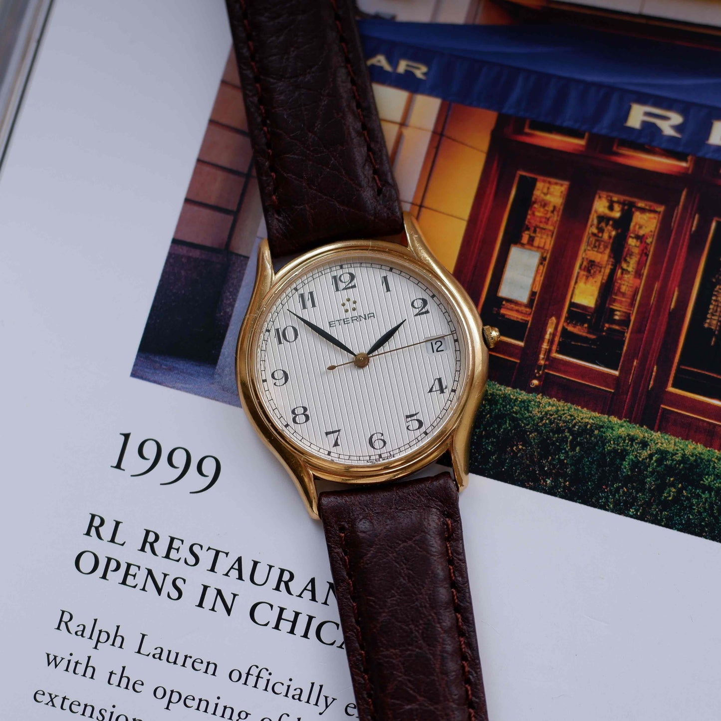 Vintage Eterna Dress Watch 90s Gold Ivory Structured Dial Date