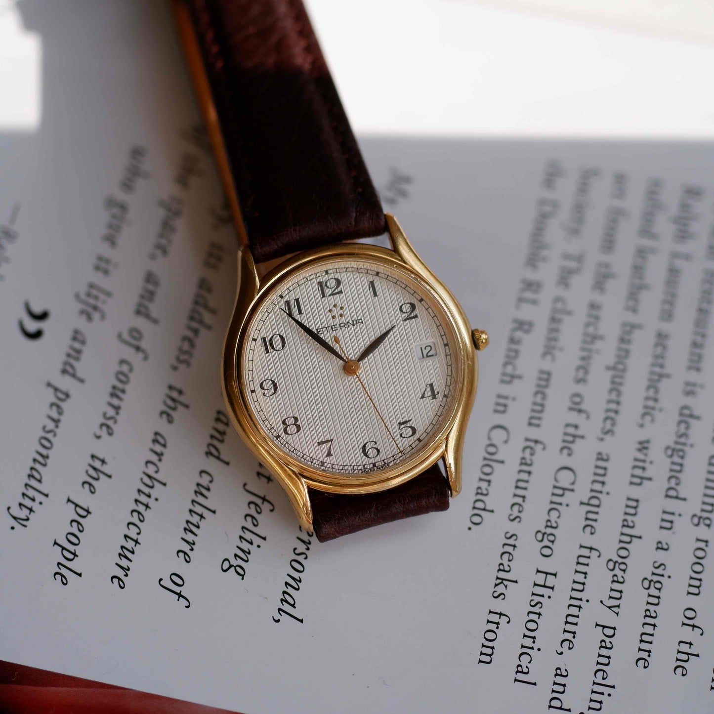 Vintage Eterna Dress Watch 90s Gold Ivory Structured Dial Date