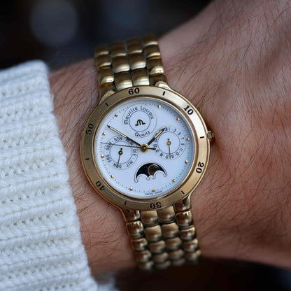 Vintage Maurice Lacroix Moon Phase Golden Day-Date Subdial 90s Quartz