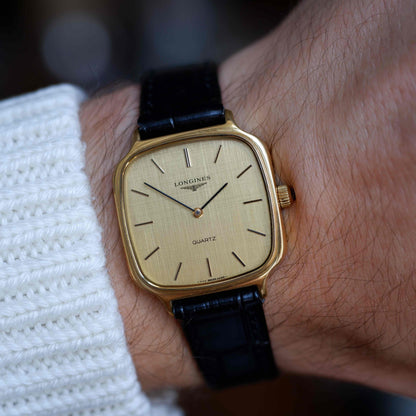 Vintage Longines TV Case Watch Gold Linen Dial Cabochon Crown 80s