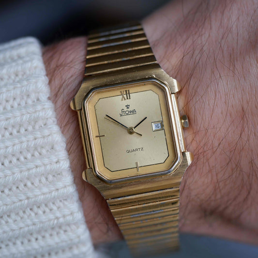 Vintage Stowa Tank Watch 80s Gold Champagne Dial Quartz Date