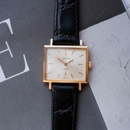 Vintage Sandoz Dress Watch Mechanical Golden White Sunburst Dial - MINT