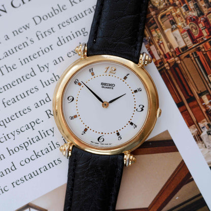 Vintage Seiko Dress Watch 80s Gold White Roman Dial Quartz