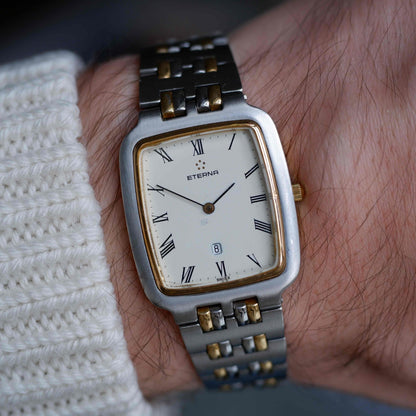 Vintage Eterna Tank Watch Two-Tone White Dial Swiss Made 80s