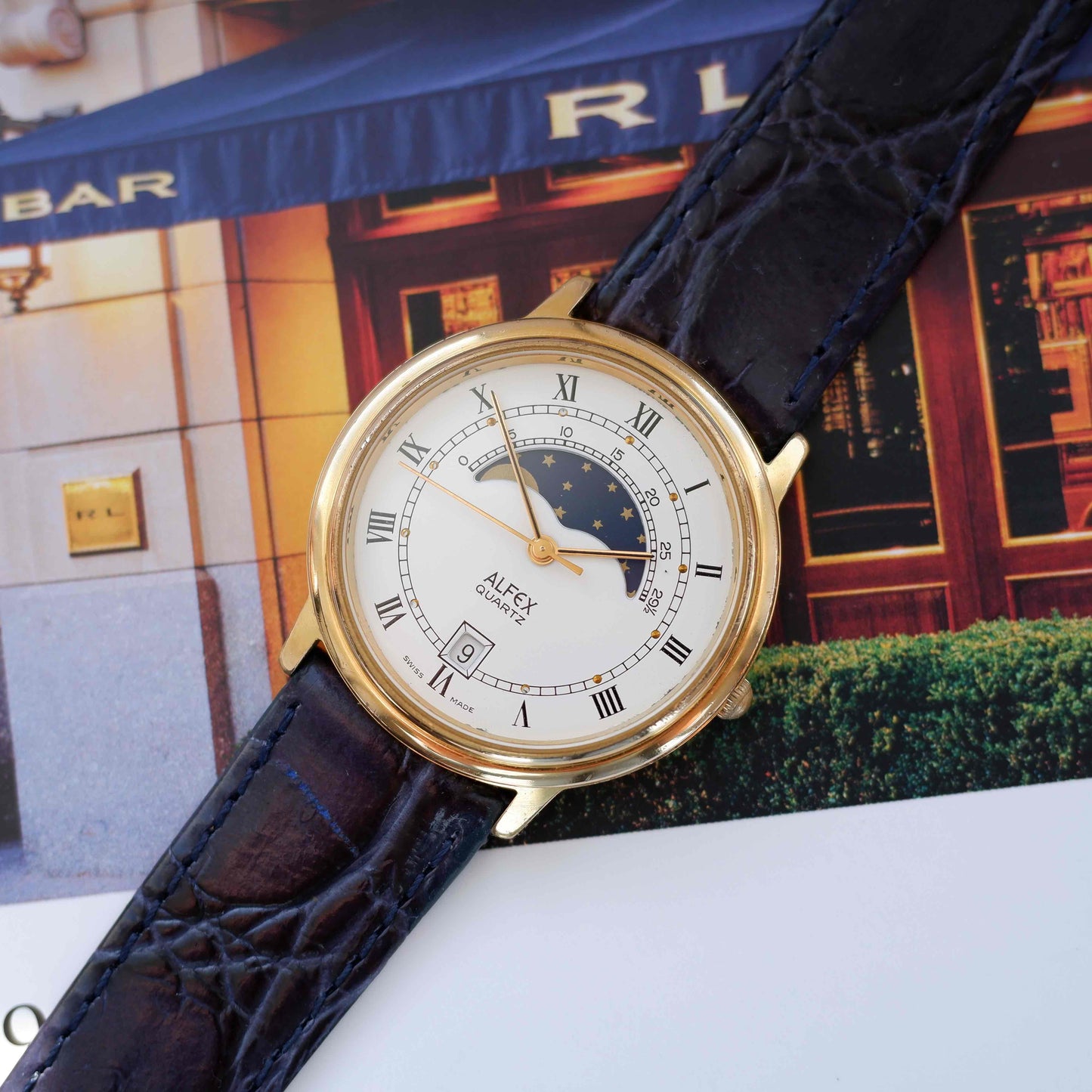 Vintage Alfex Moon Phase Dress Watch 90s Gold Quartz