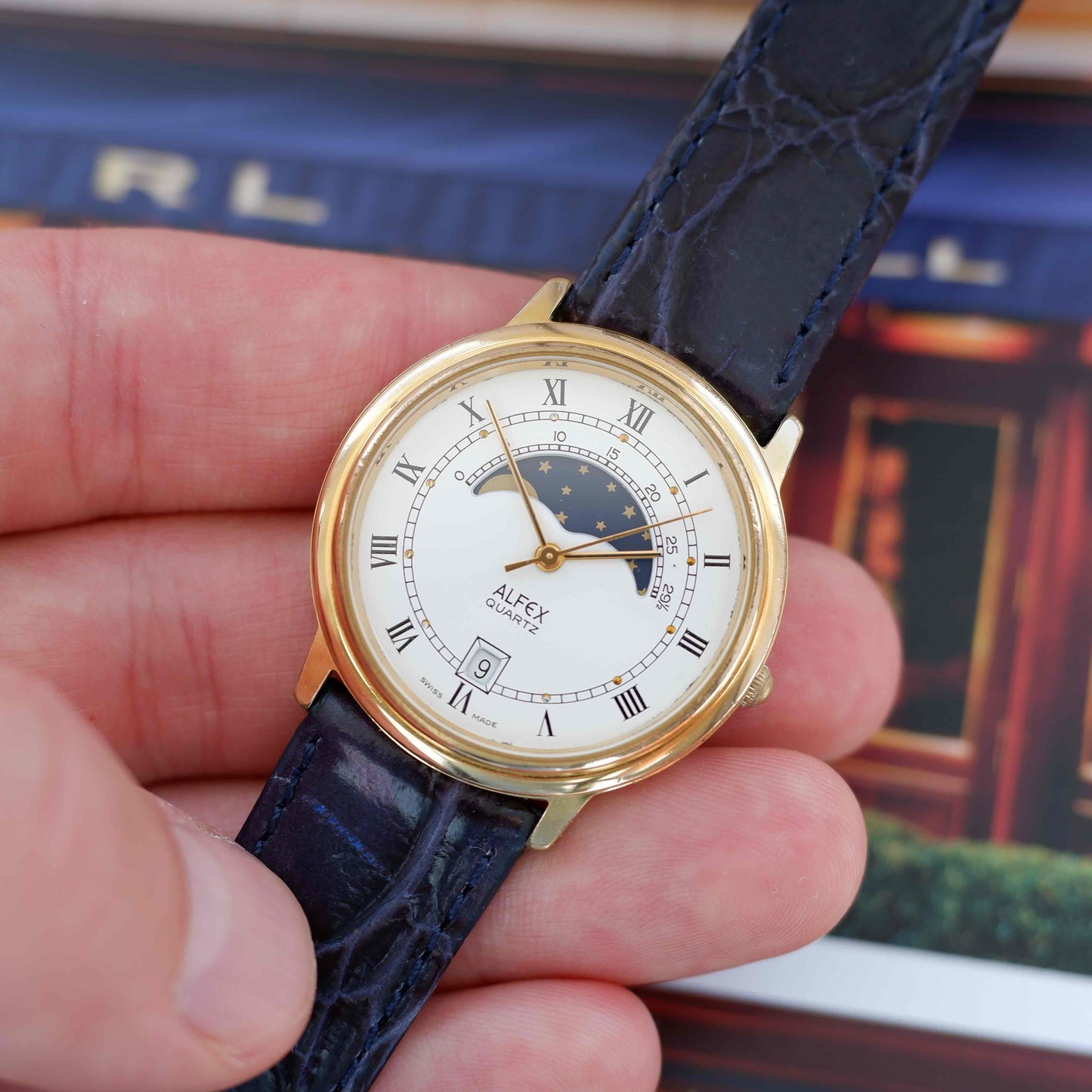 Vintage Alfex Moon Phase Dress Watch 90s Gold Quartz