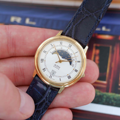 Vintage Alfex Moon Phase Dress Watch 90s Gold Quartz