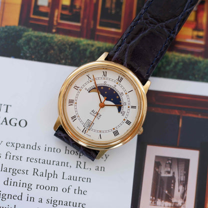 Vintage Alfex Moon Phase Dress Watch 90s Gold Quartz
