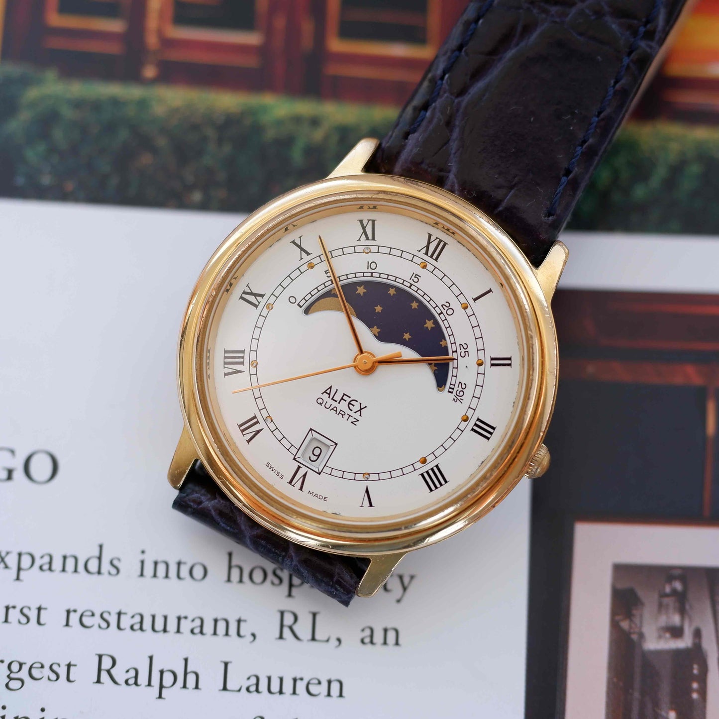 Vintage Alfex Moon Phase Dress Watch 90s Gold Quartz