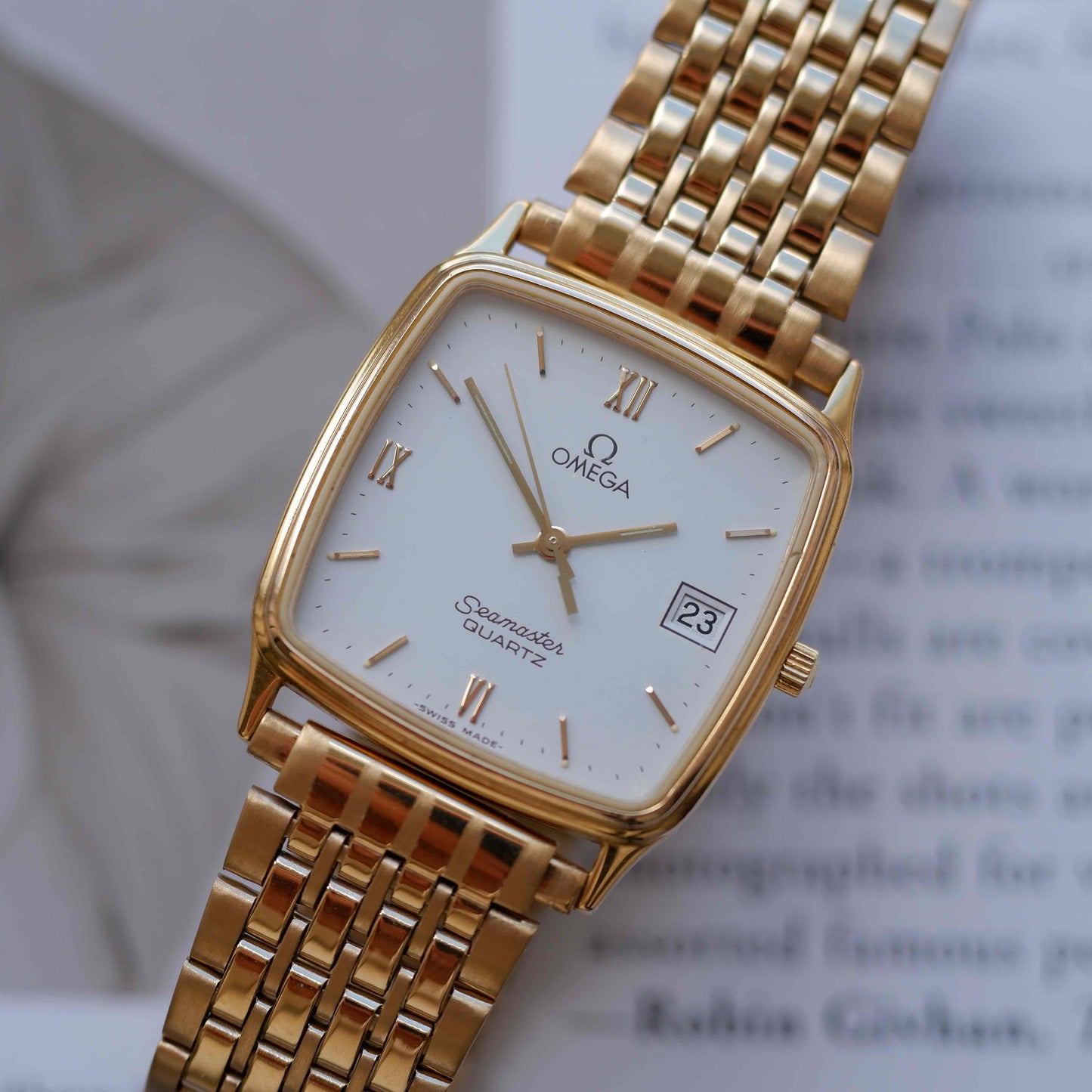 Vintage Omega Seamaster Cushion Case White Roman Dial Quartz 80s