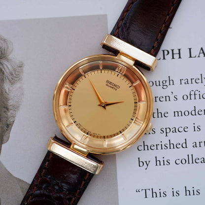 Vintage Seiko Dress Watch 80s Gold Champagne Roman Dial Mint