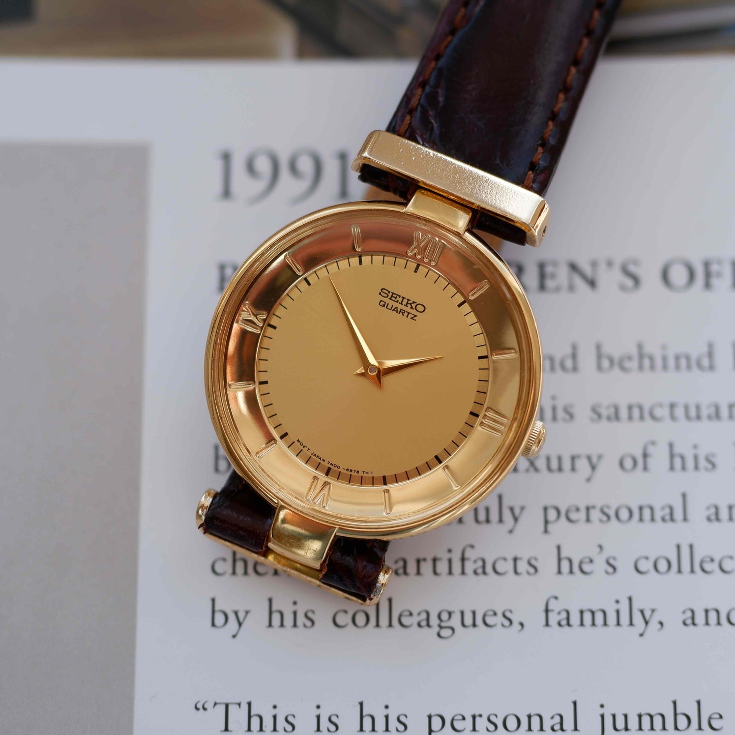 Vintage Seiko Dress Watch 80s Gold Champagne Roman Dial Mint