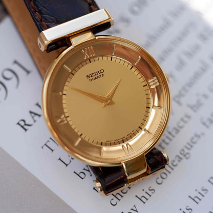 Vintage Seiko Dress Watch 80s Gold Champagne Roman Dial Mint