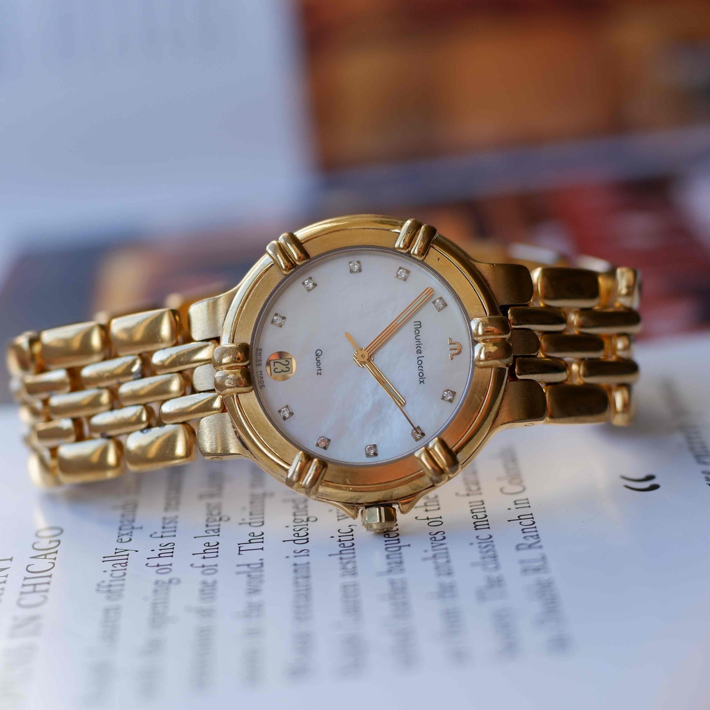 Vintage Maurice Lacroix Mother of Pearl Dial 80s Gold with Diamonds