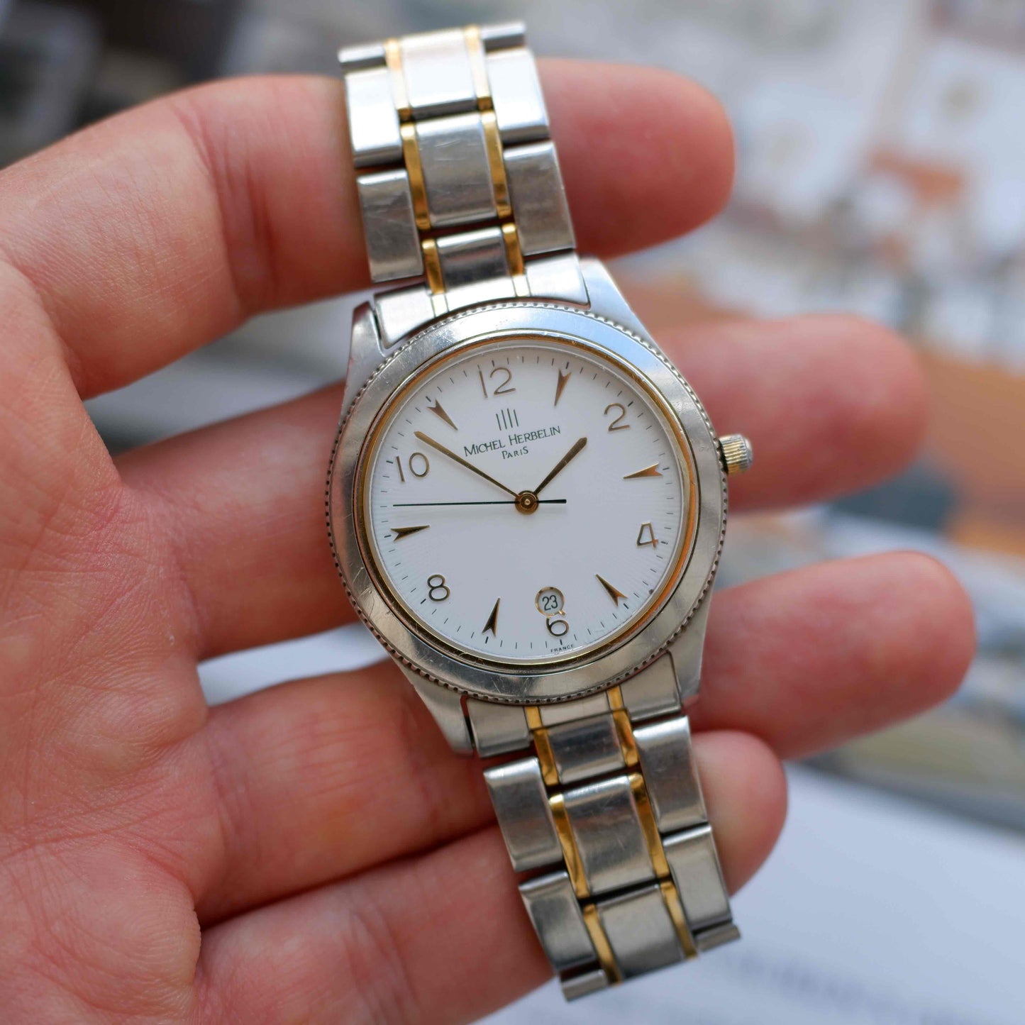 Vintage Michel Herbelin Two-Tone 90s White Structured Dial Quartz