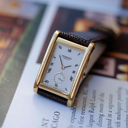 Vintage Raymond Weil Tank Dress Watch Golden White Roman Dial