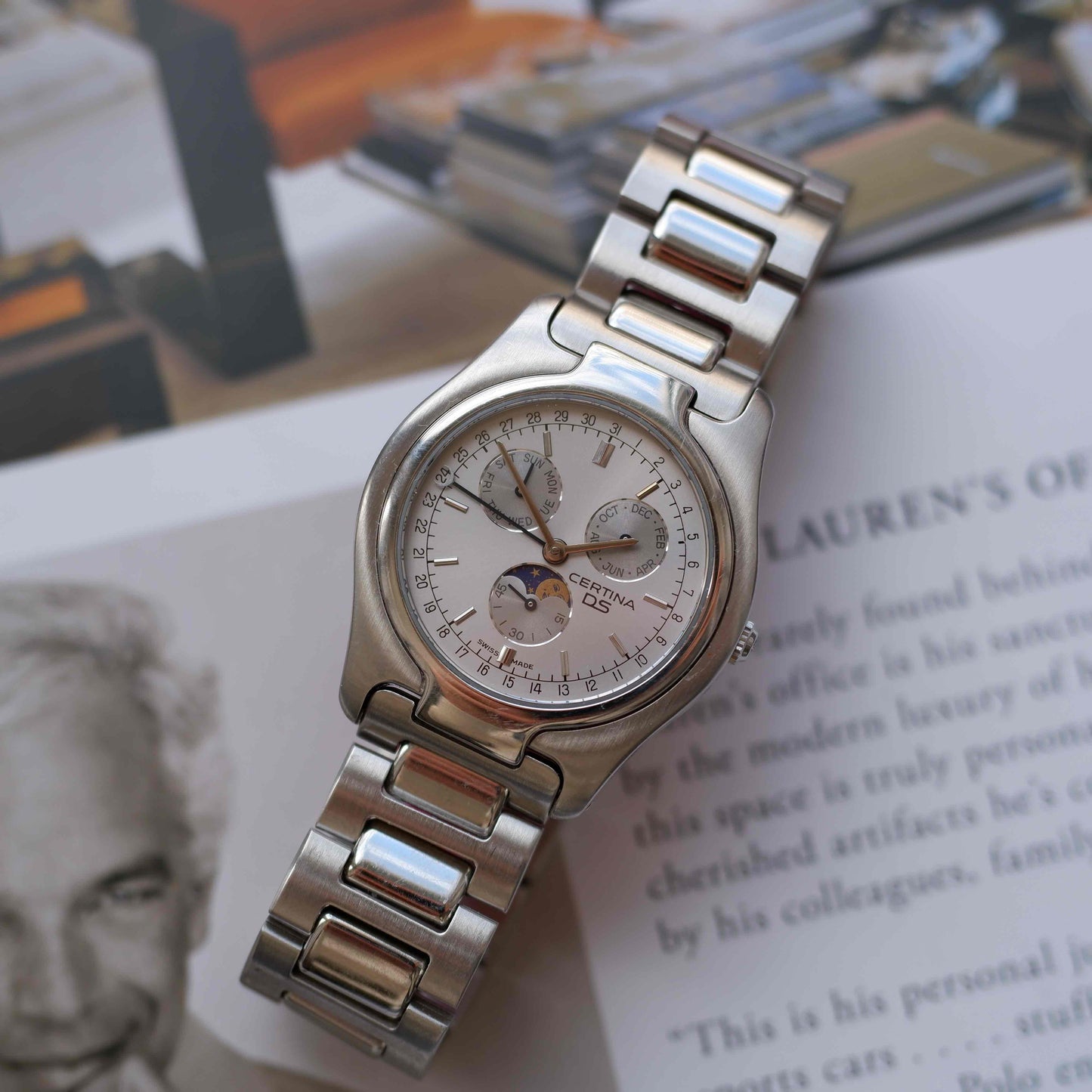 Vintage Certina Moon Phase Watch Silver 90s Quartz - MINT