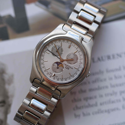 Vintage Certina Moon Phase Watch Silver 90s Quartz - MINT