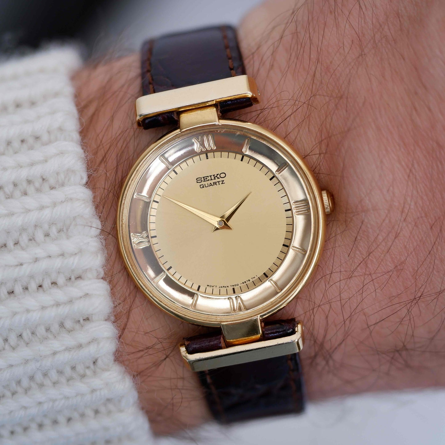 Vintage Seiko Dress Watch 80s Gold Champagne Roman Dial Mint