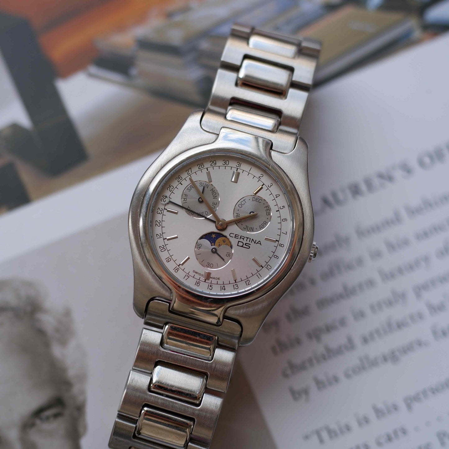 Vintage Certina Moon Phase Watch Silver 90s Quartz - MINT