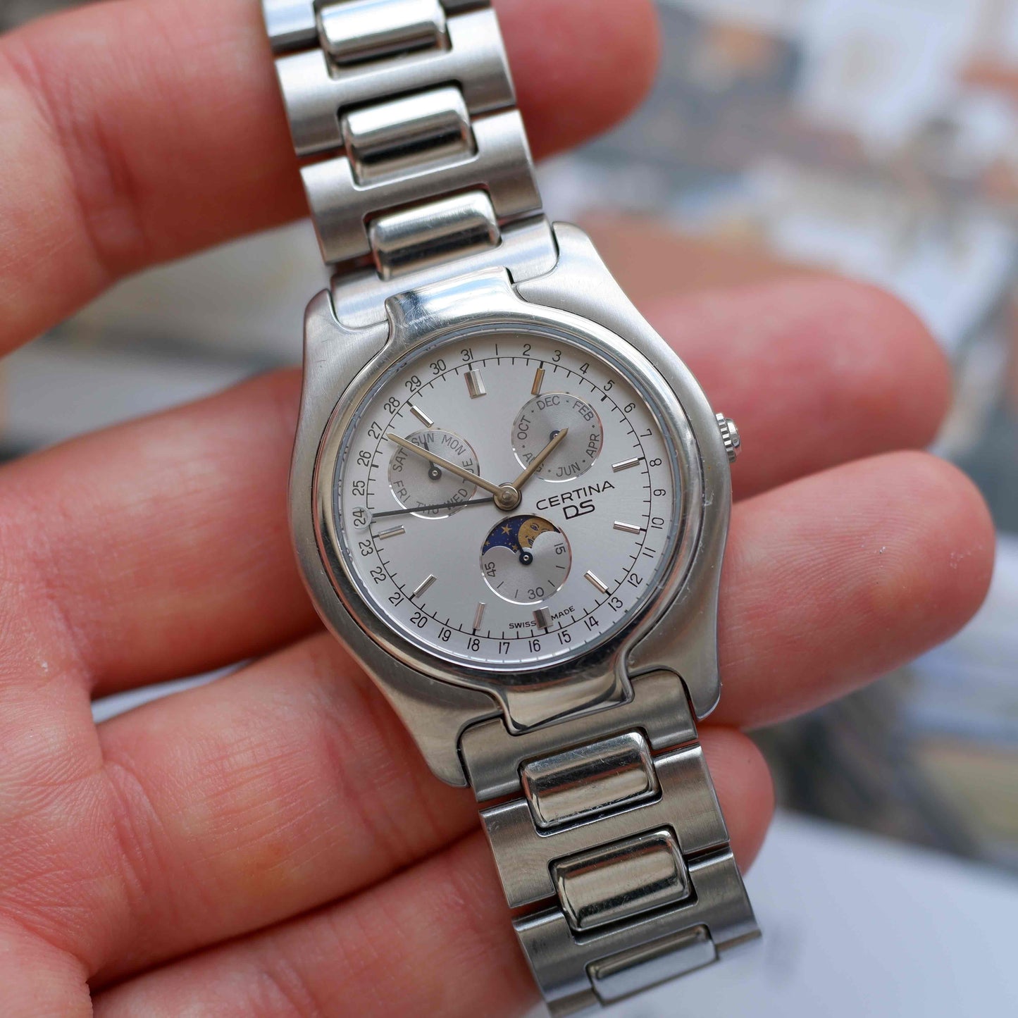 Vintage Certina Moon Phase Watch Silver 90s Quartz - MINT