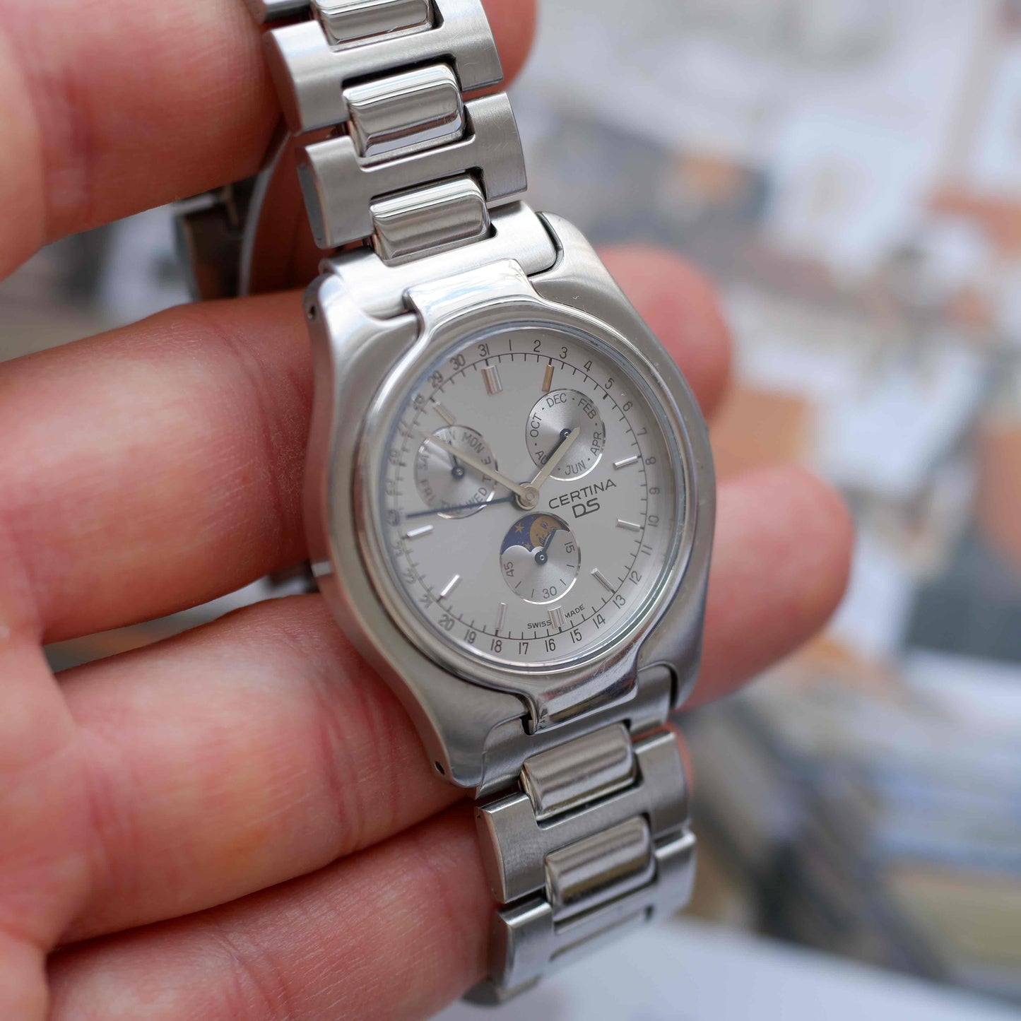 Vintage Certina Moon Phase Watch Silver 90s Quartz - MINT
