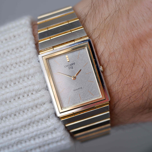 Vintage Orient Tank Style Ultra Thin Gray Dial Two-Tone Quartz 80s