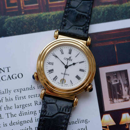 Vintage Christ Dual-Face Watch Gold White and Blue Dial Cabochon Crown 80s