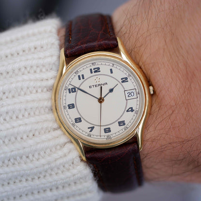 Vintage Eterna Dress Watch 90s Gold Ivory Dial and Date Window