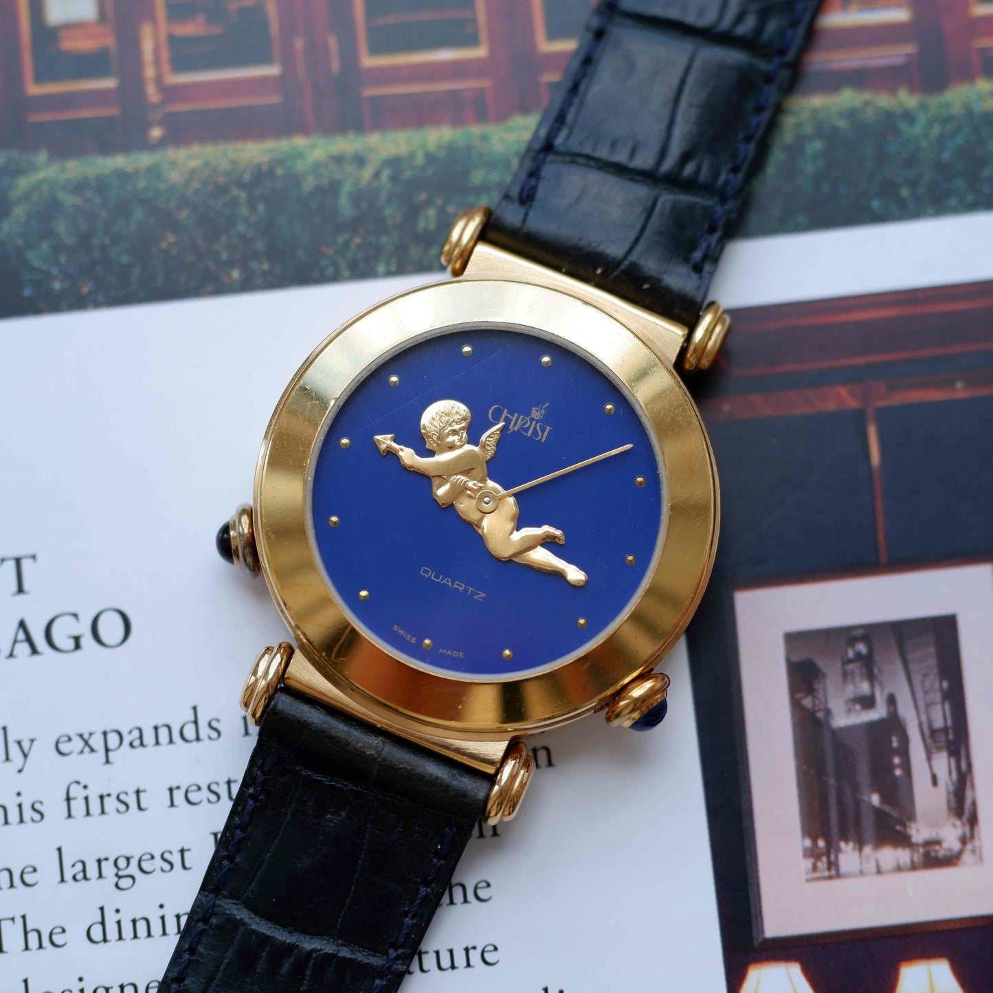 Vintage Christ Dual-Face Watch Gold White and Blue Dial Cabochon Crown 80s