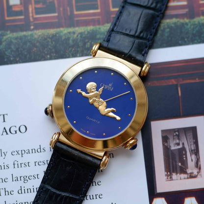 Vintage Christ Dual-Face Watch Gold White and Blue Dial Cabochon Crown 80s