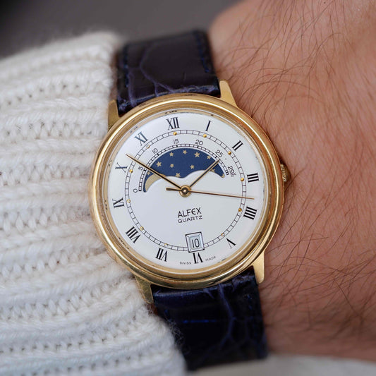 Vintage Alfex Moon Phase Dress Watch 90s Gold Quartz