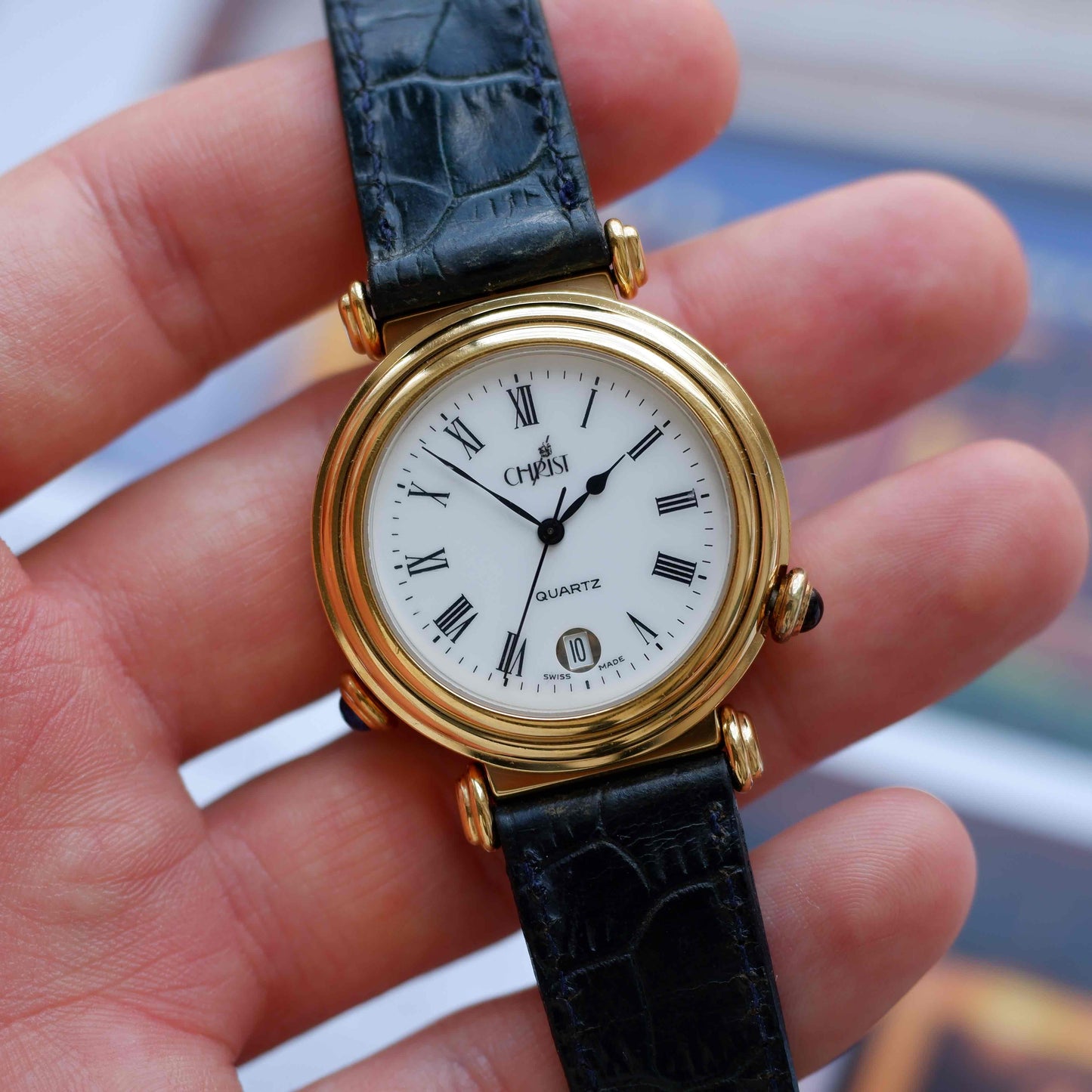 Vintage Christ Dual-Face Watch Gold White and Blue Dial Cabochon Crown 80s