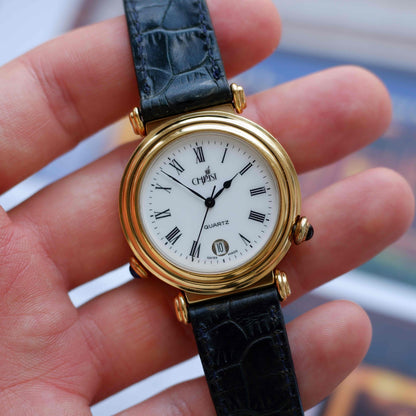 Vintage Christ Dual-Face Watch Gold White and Blue Dial Cabochon Crown 80s