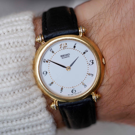 Vintage Seiko Dress Watch 80s Gold White Roman Dial Quartz