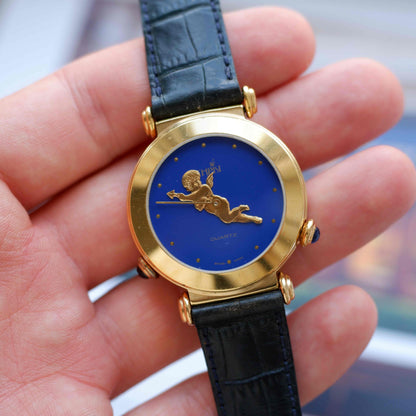 Vintage Christ Dual-Face Watch Gold White and Blue Dial Cabochon Crown 80s
