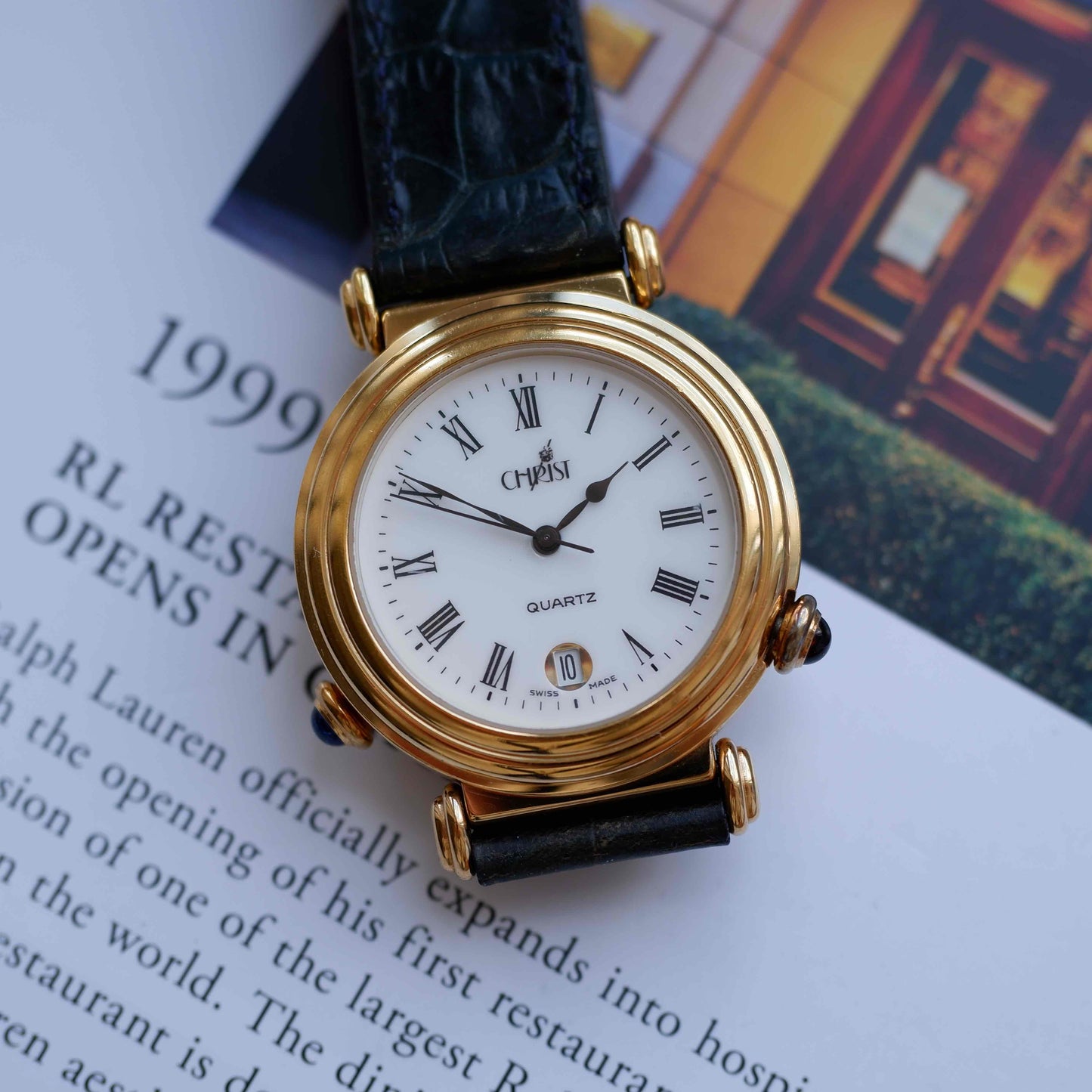Vintage Christ Dual-Face Watch Gold White and Blue Dial Cabochon Crown 80s