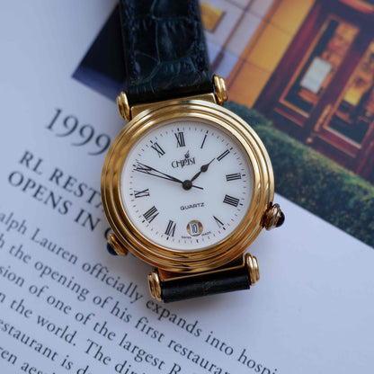 Vintage Christ Dual-Face Watch Gold White and Blue Dial Cabochon Crown 80s
