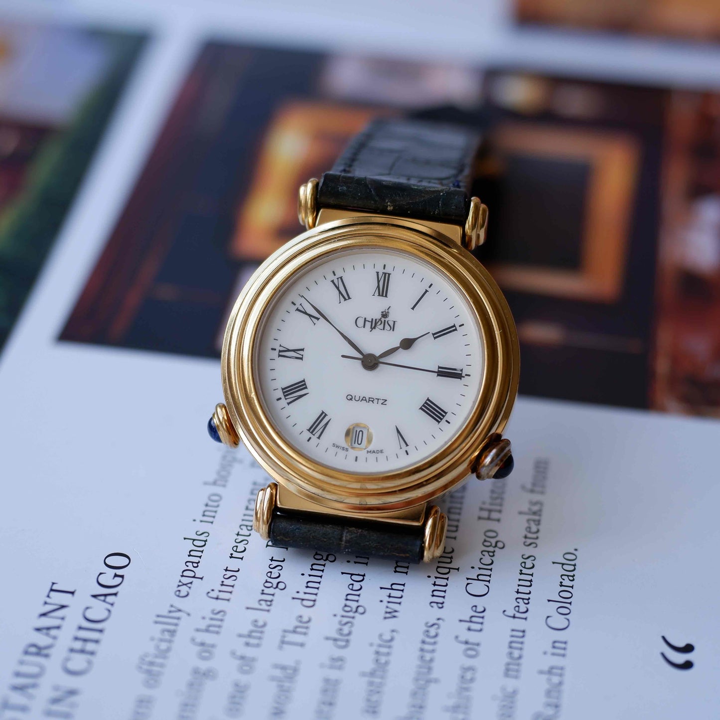 Vintage Christ Dual-Face Watch Gold White and Blue Dial Cabochon Crown 80s