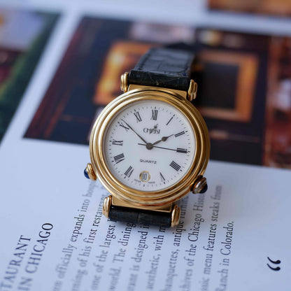Vintage Christ Dual-Face Watch Gold White and Blue Dial Cabochon Crown 80s