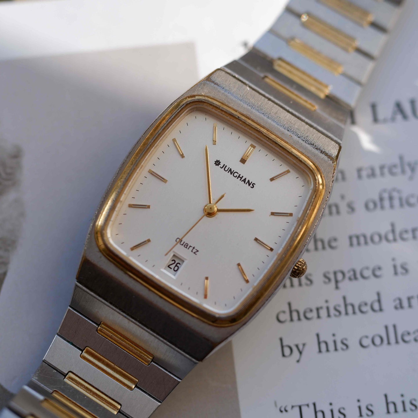 Vintage Junghans Tank Watch Date 70s Two-Tone Integrated Bracelet