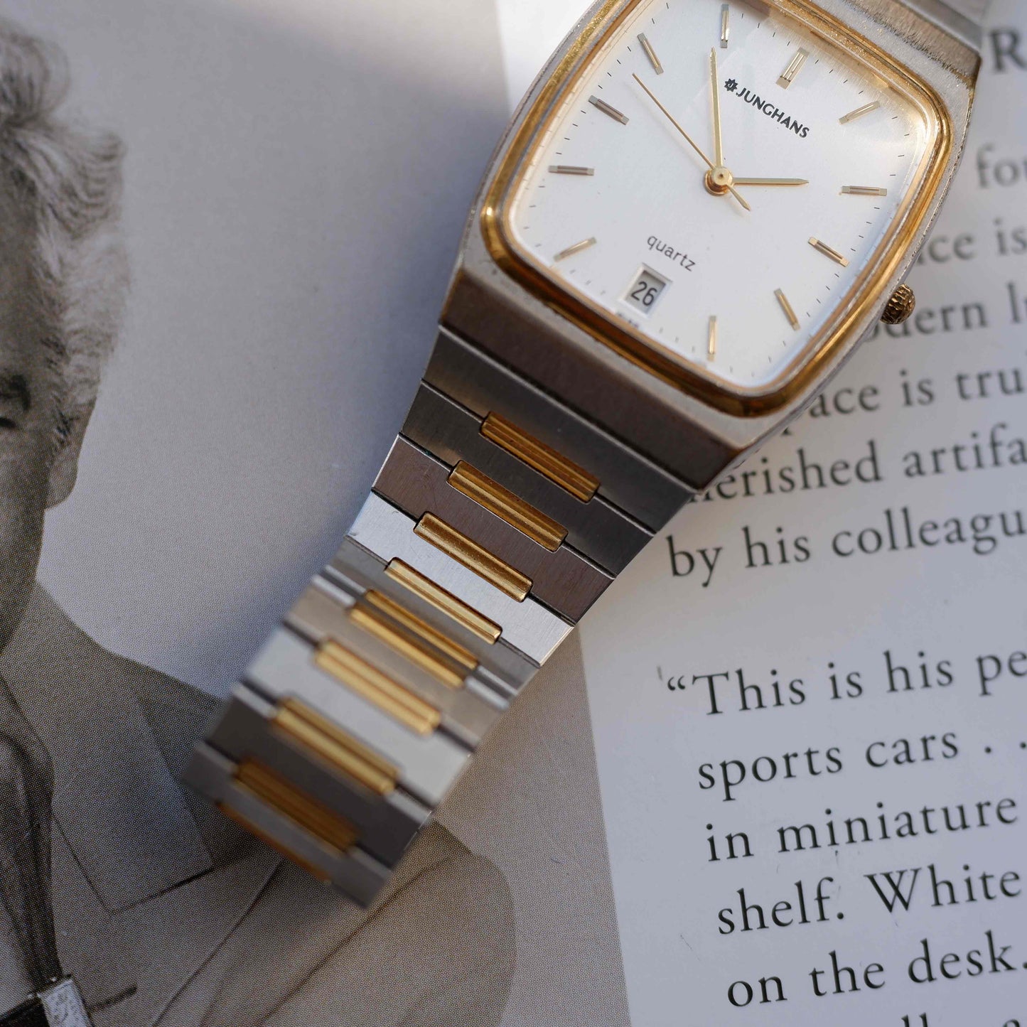 Vintage Junghans Tank Watch Date 70s Two-Tone Integrated Bracelet