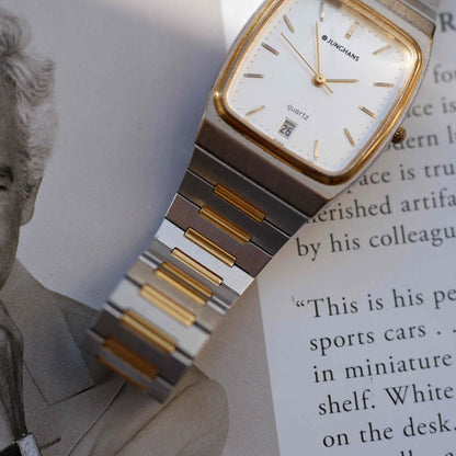 Vintage Junghans Tank Watch Date 70s Two-Tone Integrated Bracelet