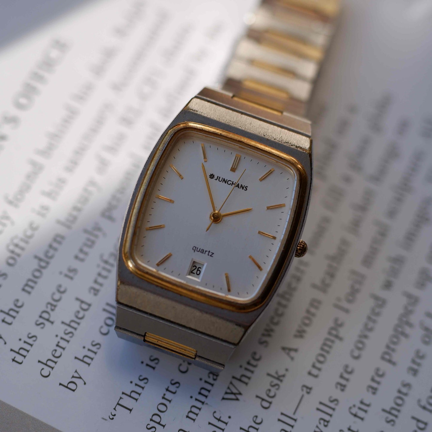 Vintage Junghans Tank Watch Date 70s Two-Tone Integrated Bracelet