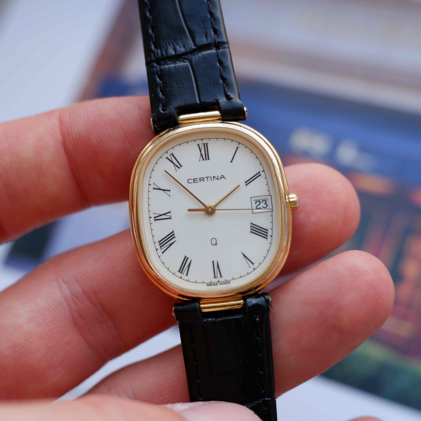 Vintage Certina Vendôme Lugs Watch 80s Gold Quartz Roman Dial